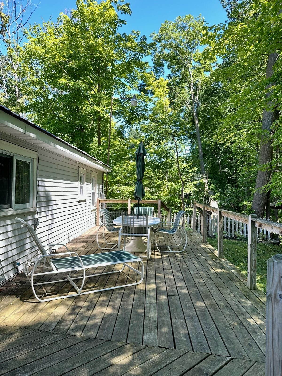 Wraparound deck looking out through mature trees toward the river
